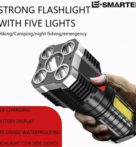 5LED High Power Led Flashlights Rechargeable Camping Spotlight with Side Light 3 Lighting Modes for Camping Adventure Outdoor
