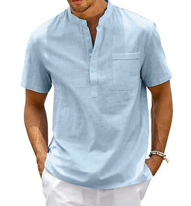 Cotton Linen Shirt Men Henley Neck Pocket Casual Beach Short Sleeve Solid Color Male Tops T-shirts Vintage Streetwear