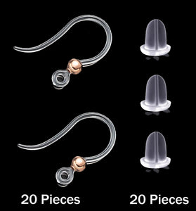 40pcs Clear Plastic Earring Hooks Ear Wire with Loop French Fish Hooks With Transparent Earring Stoppers for DIY Jewelry Making